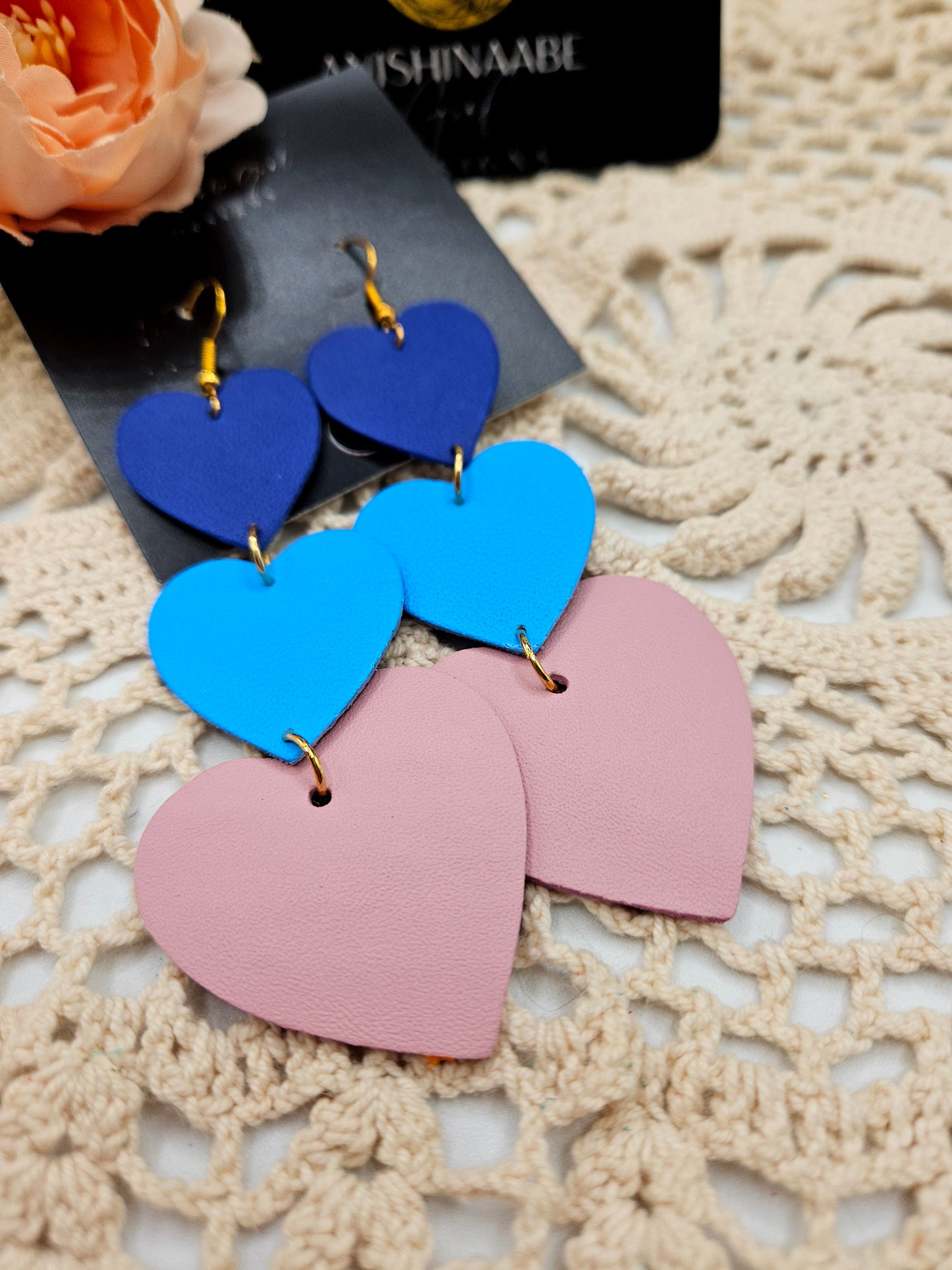 Leather Blue Hearts Earrings