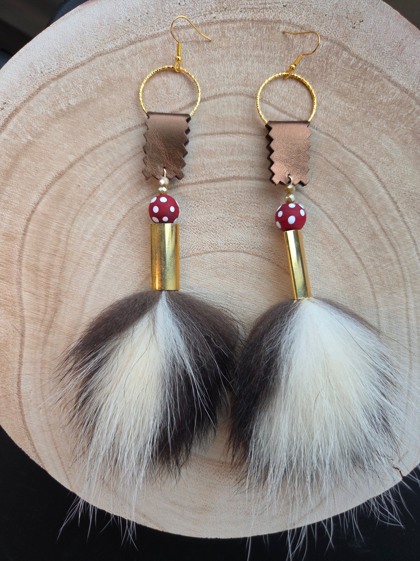 Skunk Medicine Earrings - Bronze Leather and Skunk Beads
