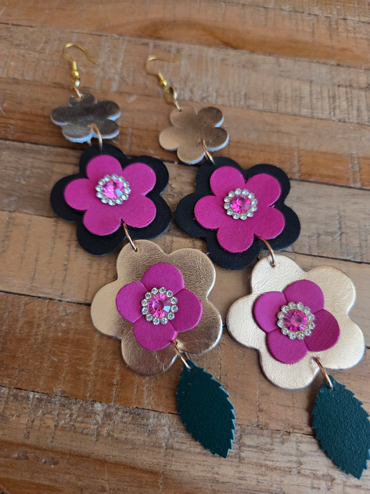 Leather Flower Shoulder Duster Earrings