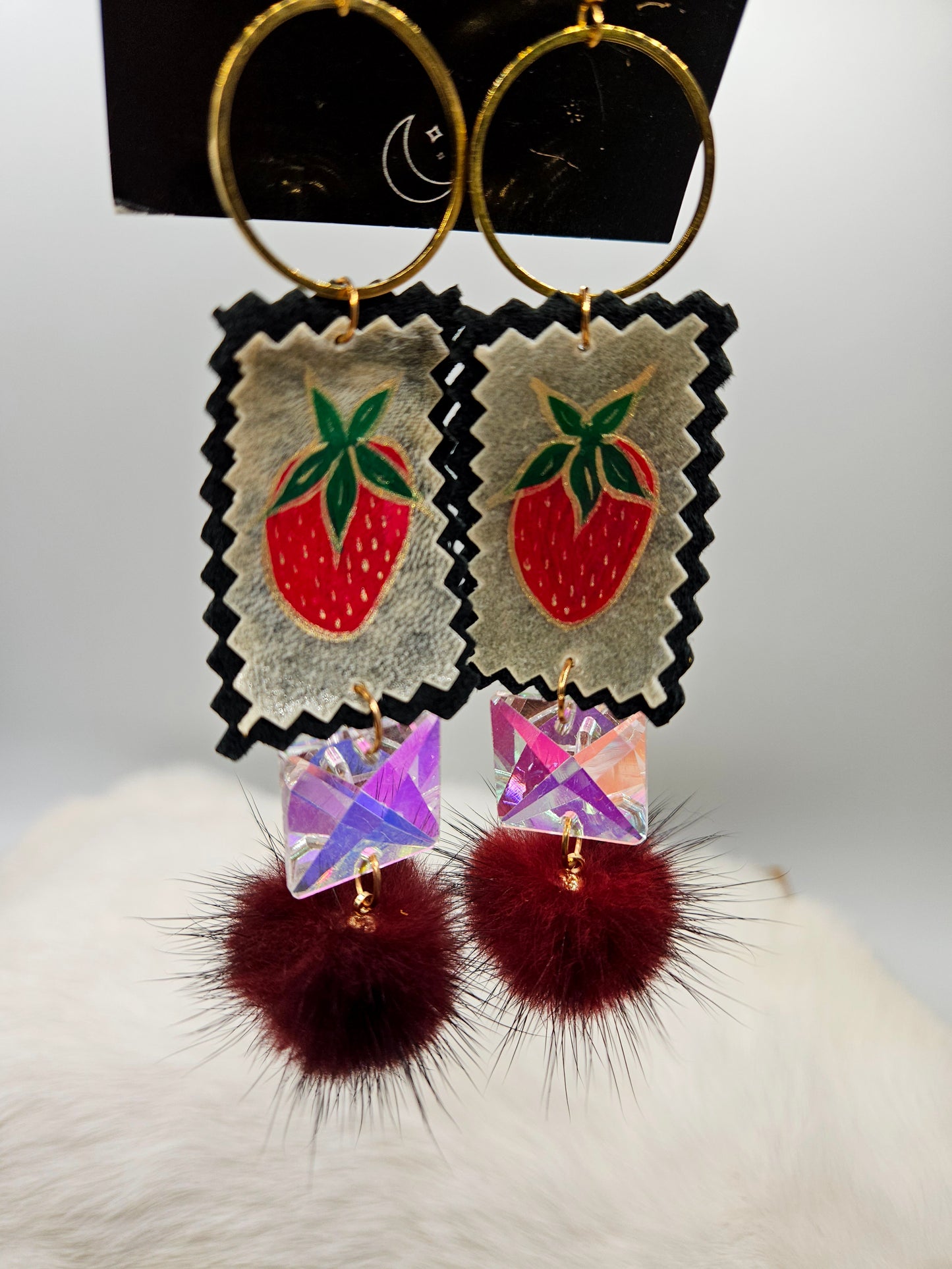 Painted Strawberry Parfleche and Mink Earrings