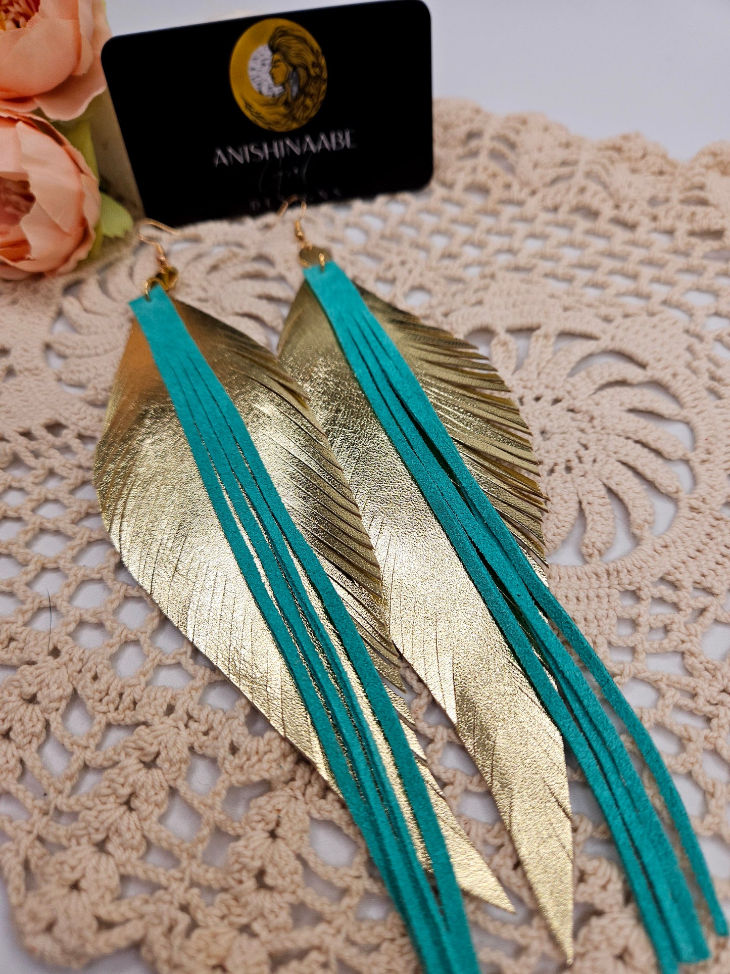 Large Gold Leather Feather Statement Earrings