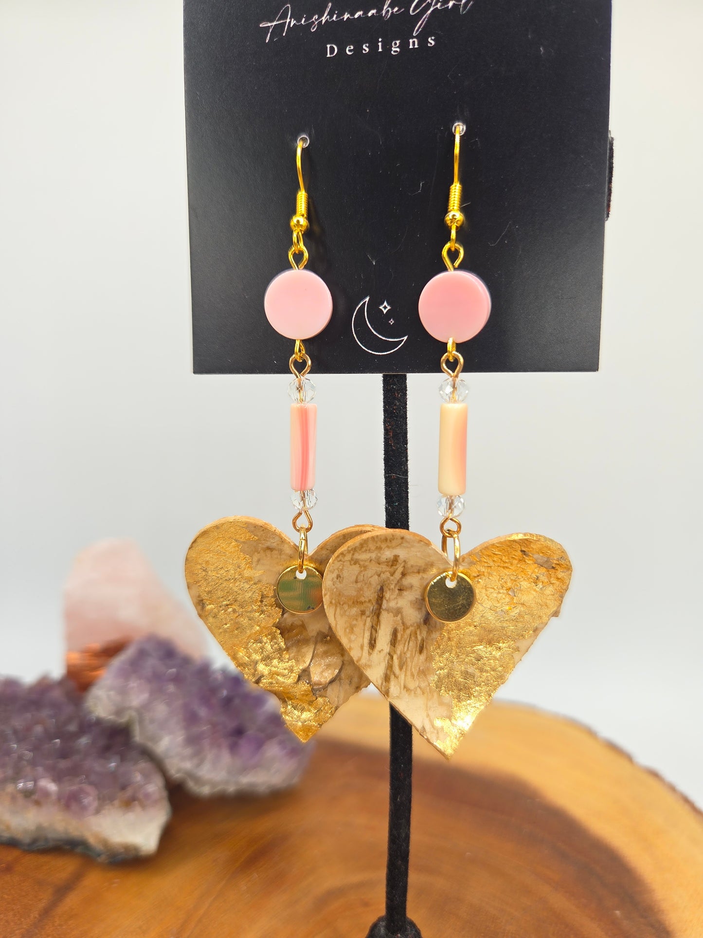 Queen Conch and Gold Gilded Heart Birchbark Earrings