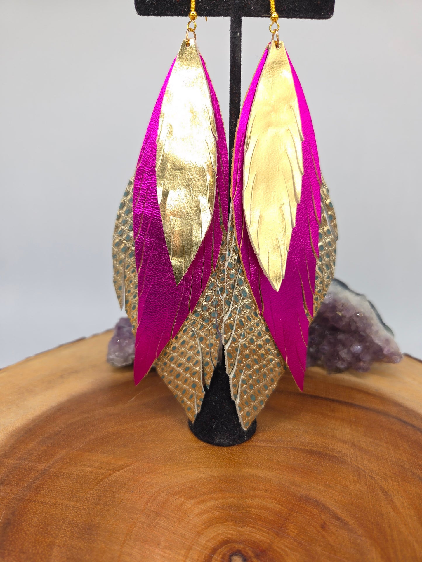 Pink, Gold Metallic Leather Feather Earrings