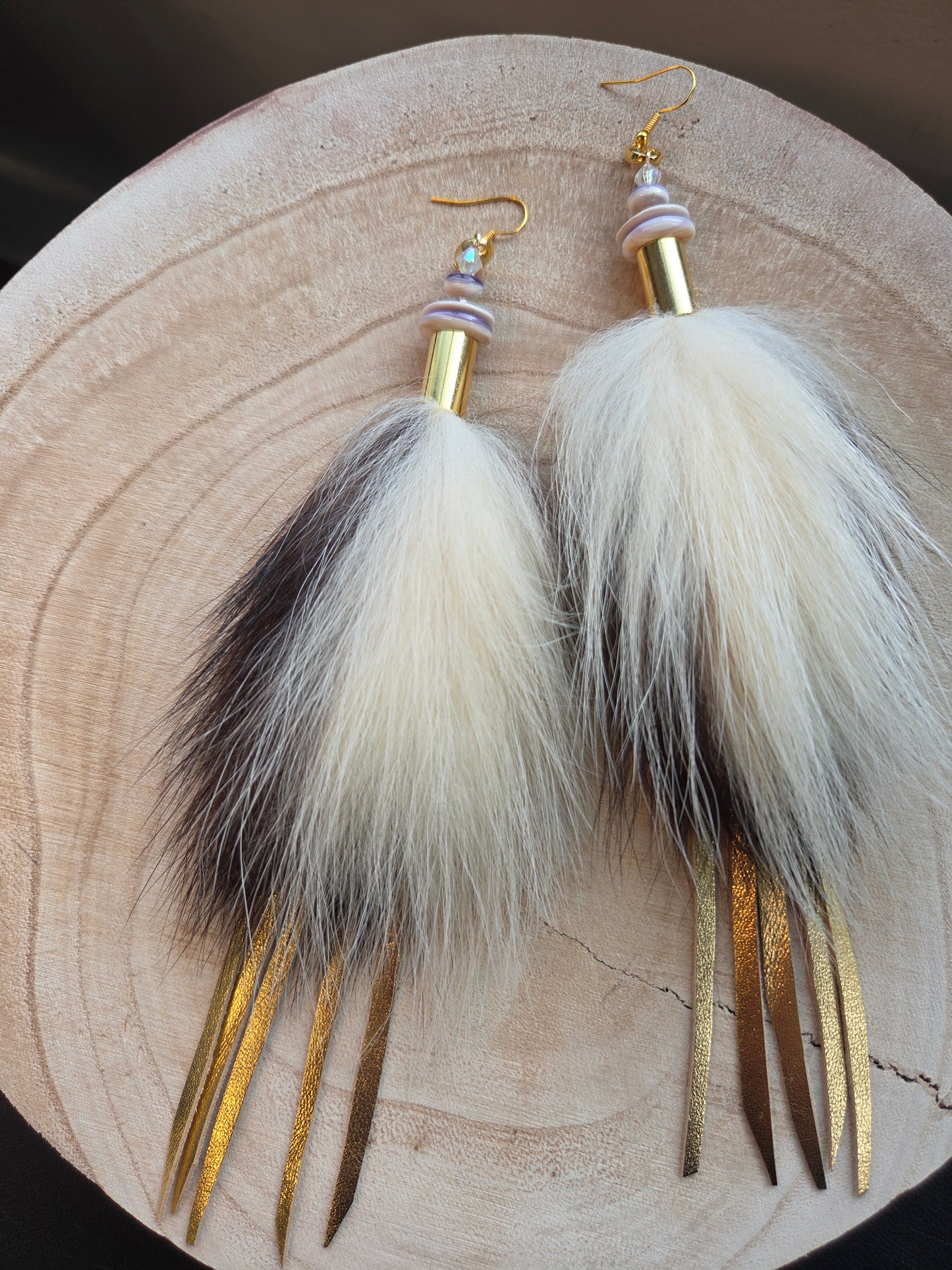 Skunk Medicine Earrings - Wampum Shell & Gold Metallic Leather