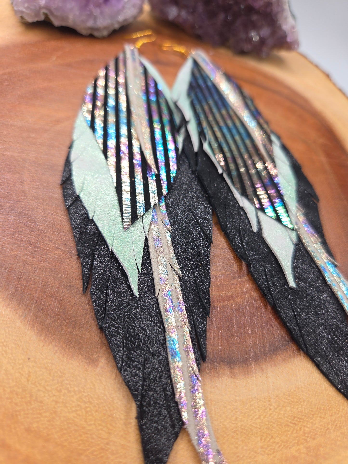 Black Holographic Metallic Leather Feather Earrings