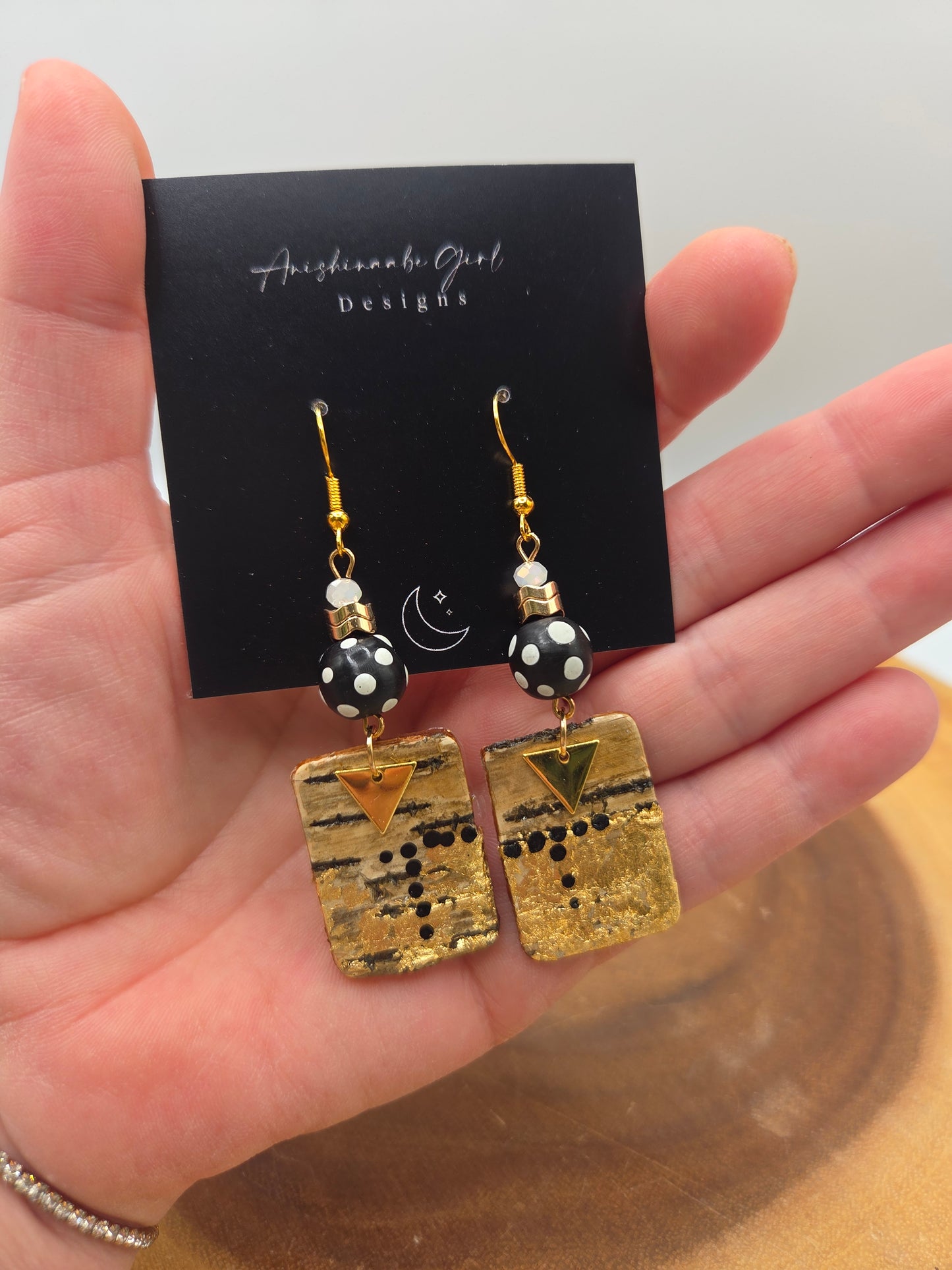 Birchbark earrings with Black Skunk Beads