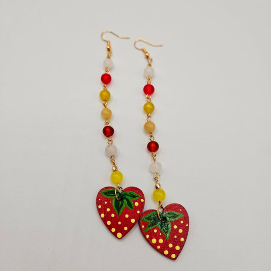 Long Strawberry Painted Wooden Earrings