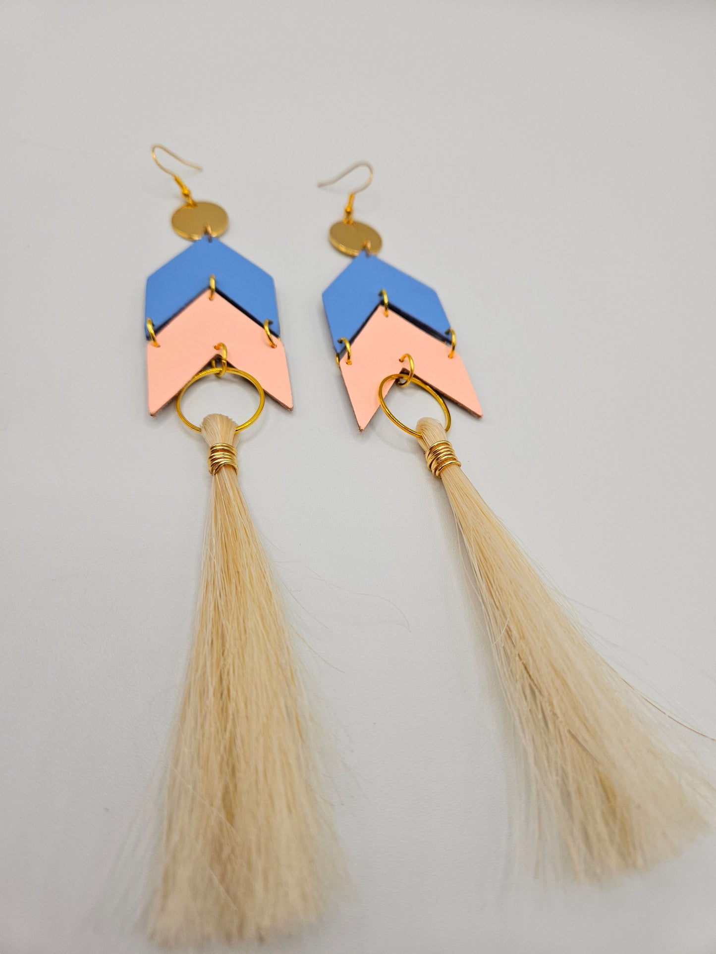 White Horsehair and Leather Chevron Earrings
