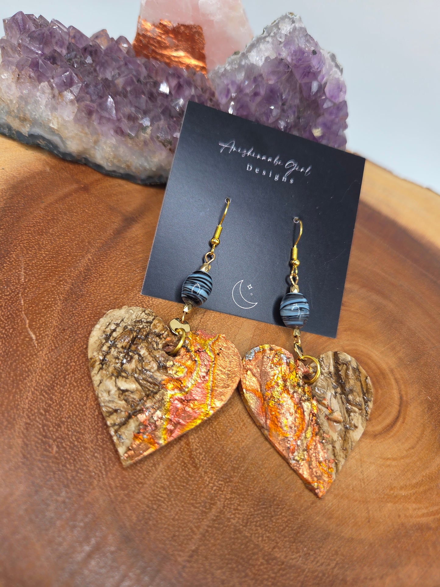 Copper Gilded Birchbark Heart Earrings
