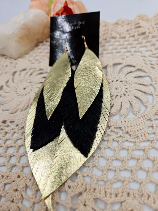 Gold and Black Leather Feather Statement Earrings