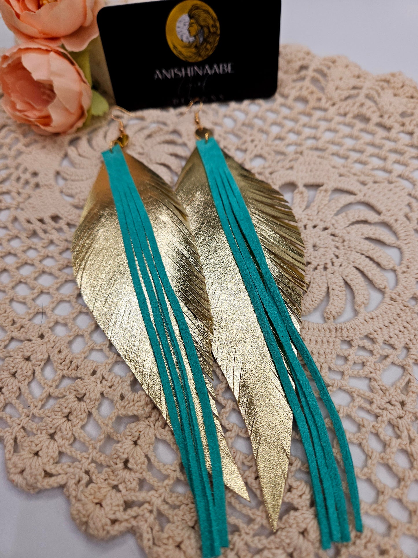 Large Gold Leather Feather Statement Earrings