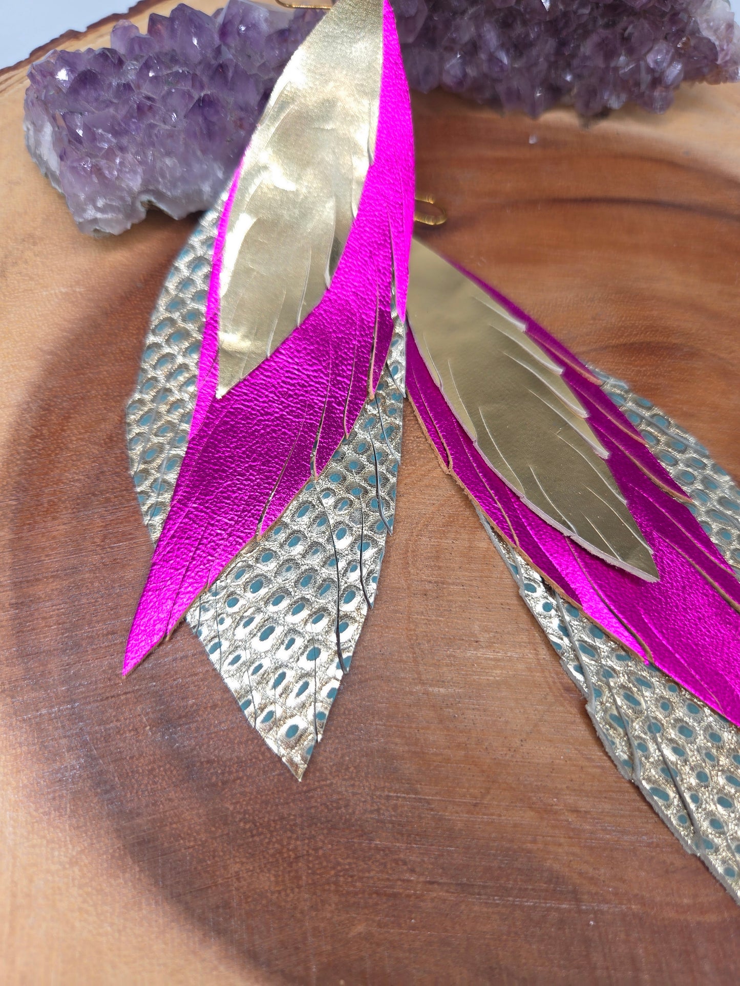 Pink, Gold Metallic Leather Feather Earrings
