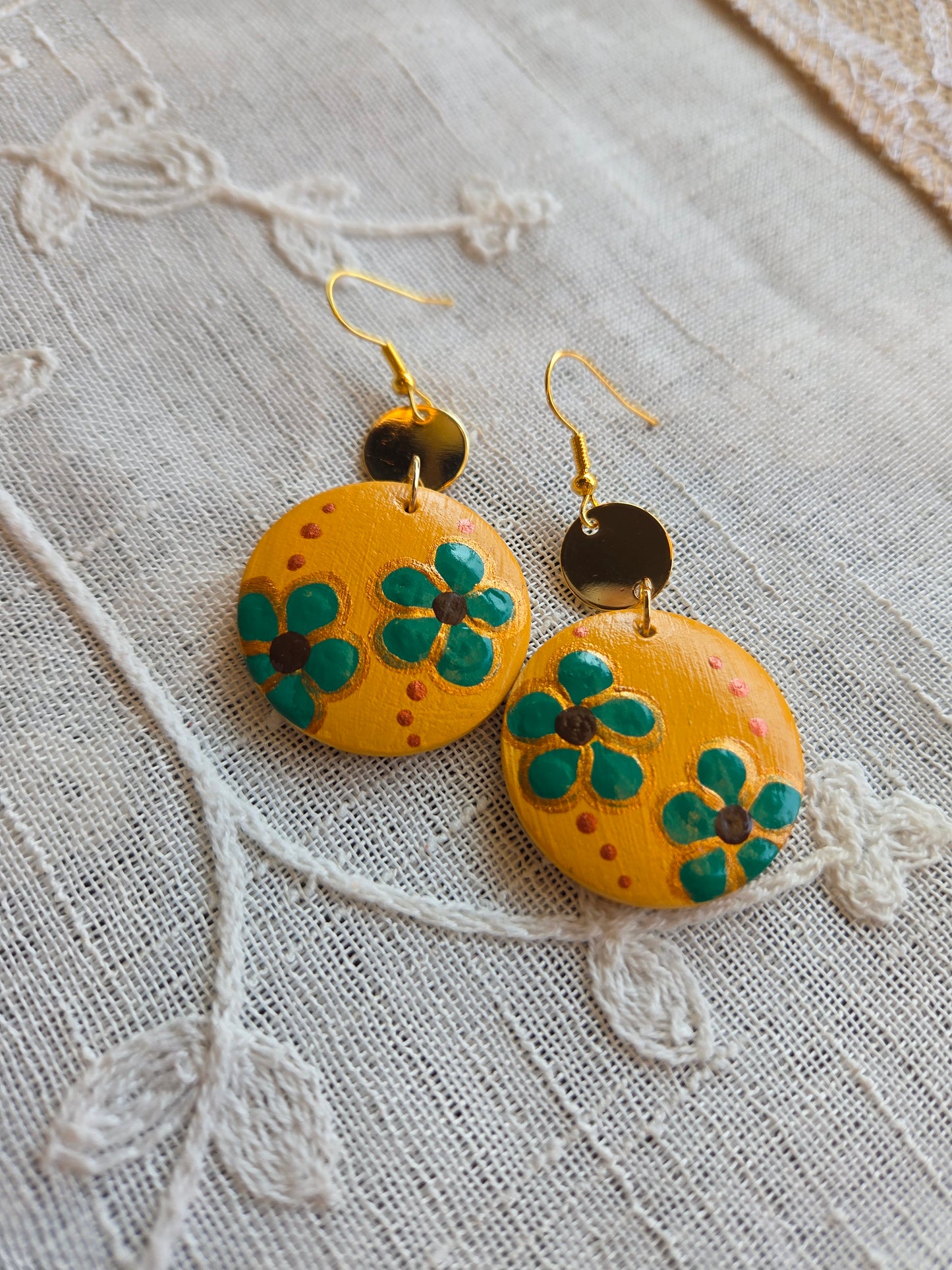 Floral Painted Circle Earrings