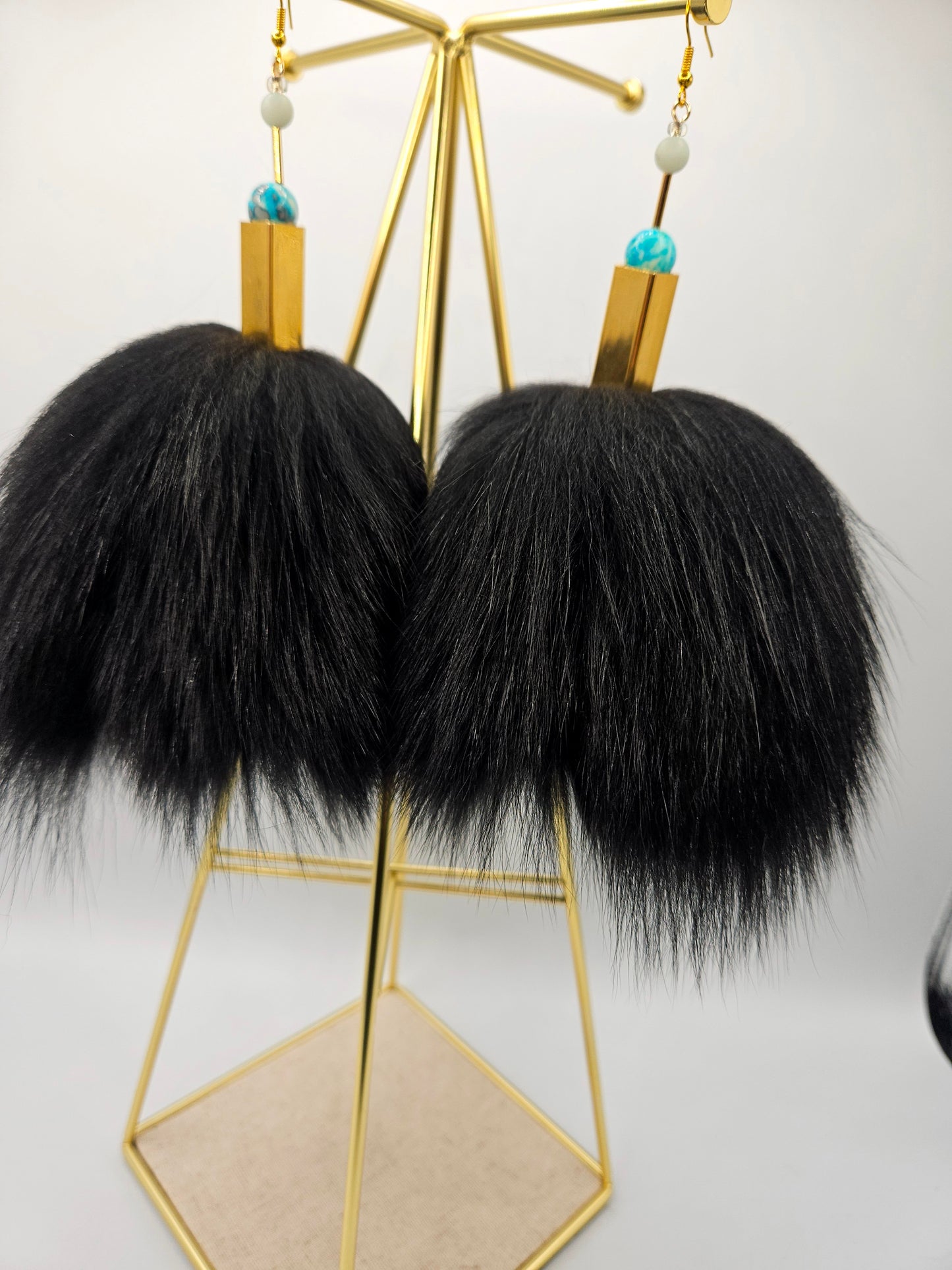 Large Black Fox Fur Earrings