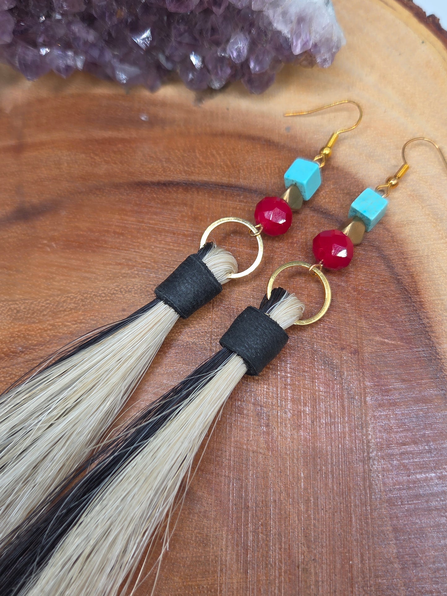 Black and White Horsehair Earrings with Moosehide