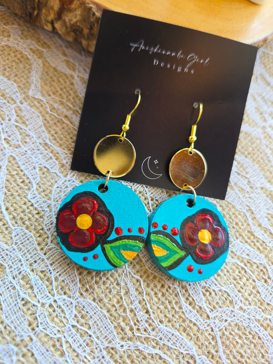 Floral Painted Circle Earrings