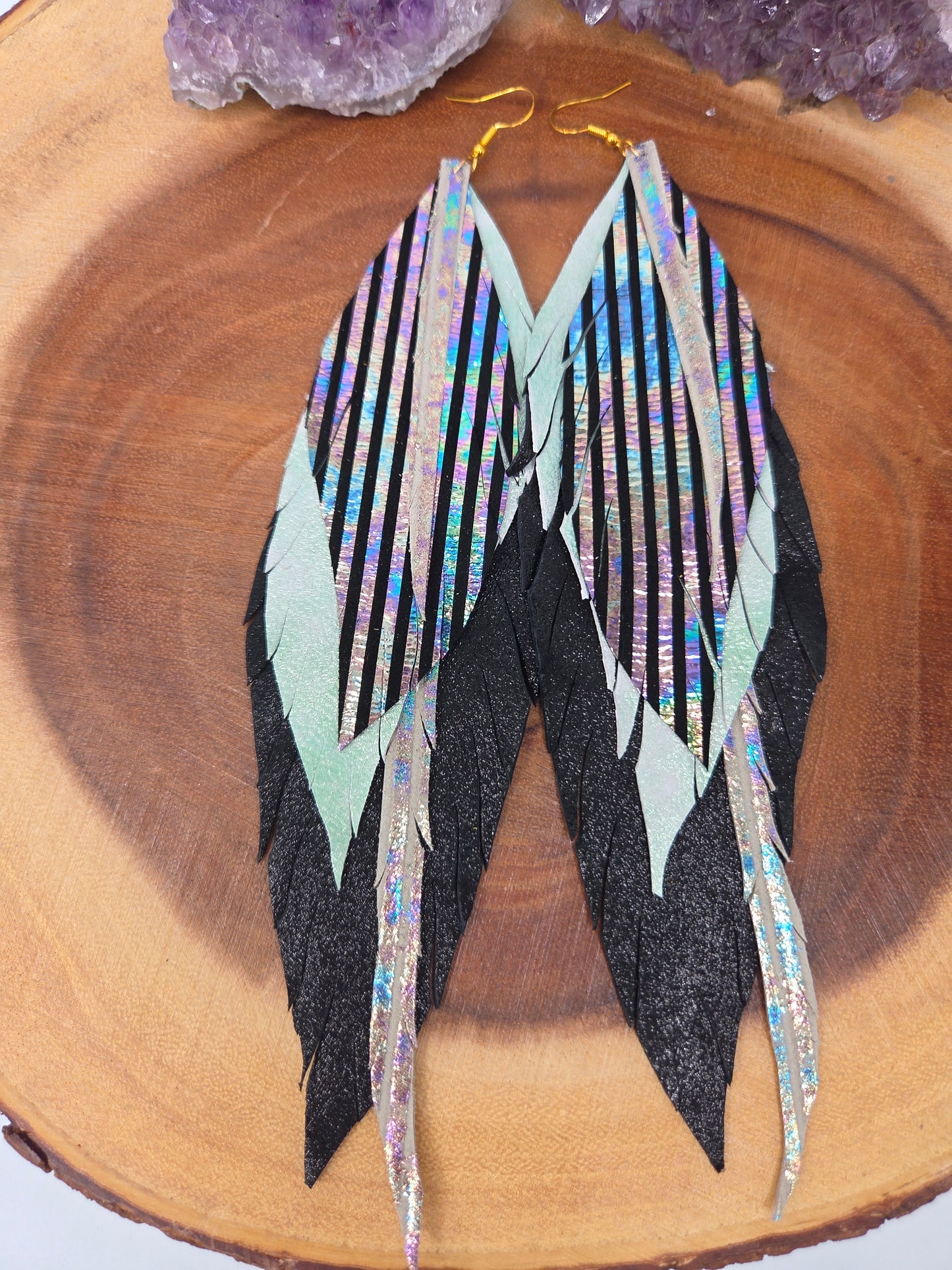 Black Holographic Metallic Leather Feather Earrings