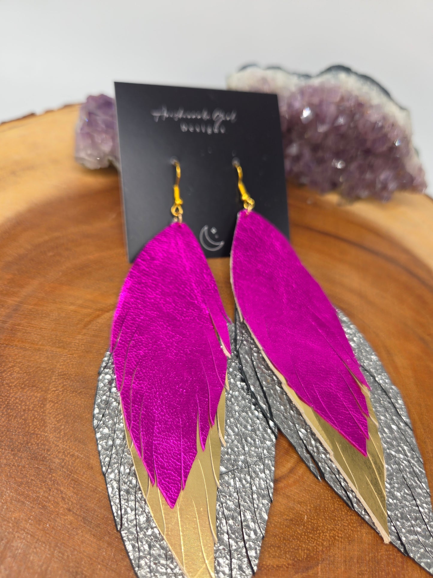 Pink, Gold, Silver Metallic Leather Feather Earrings