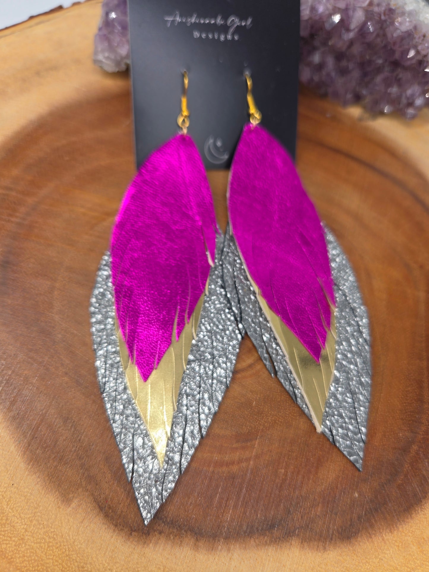 Pink, Gold, Silver Metallic Leather Feather Earrings
