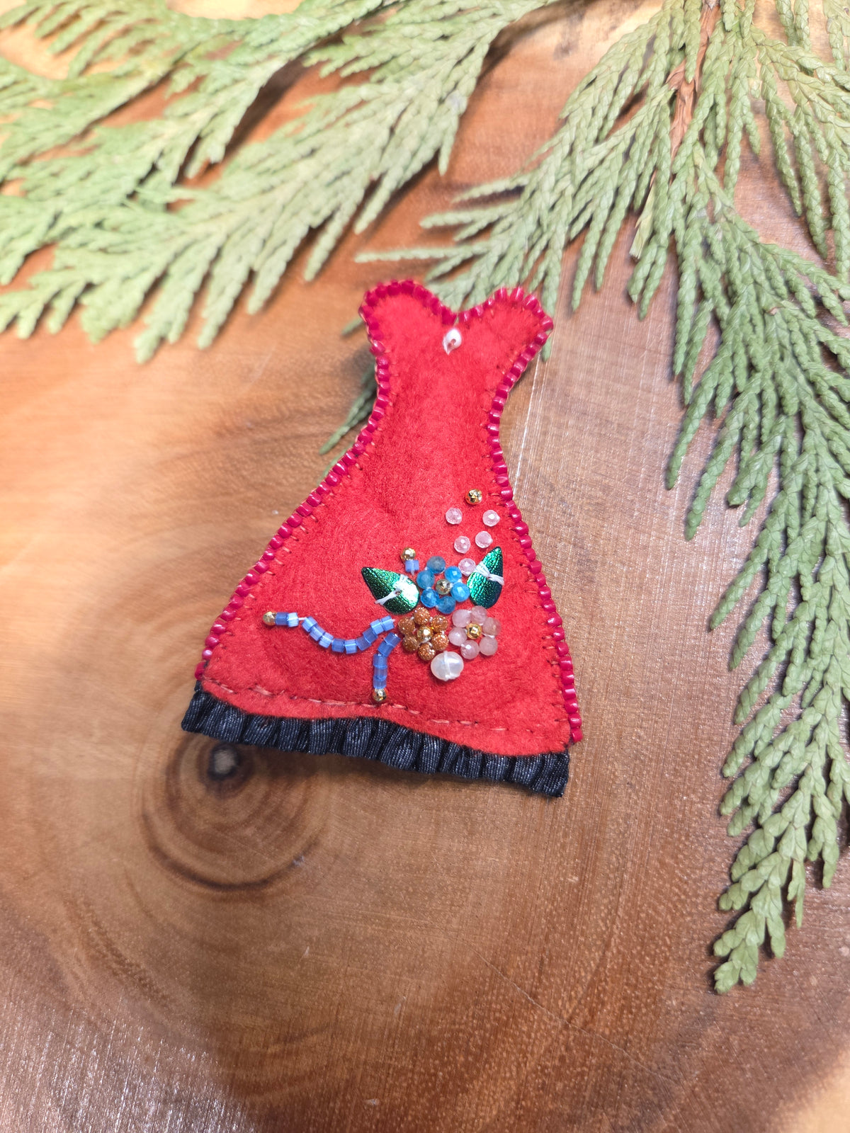 Beaded Red Dress Pin with gemstones by Anishinaabe Girl