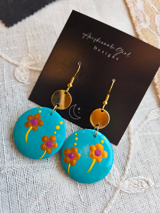 Floral Painted Circle Earrings