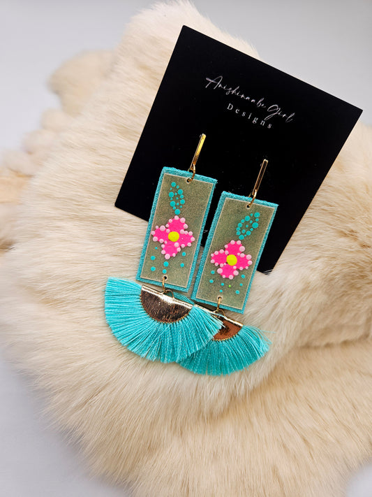 Turquouse Leather Painted Rawhide Parfleche Earrings