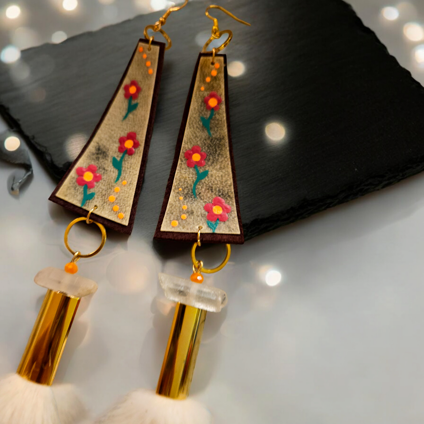 Anishinaabe Handpainted Rawhide White Mink Fur Earrings