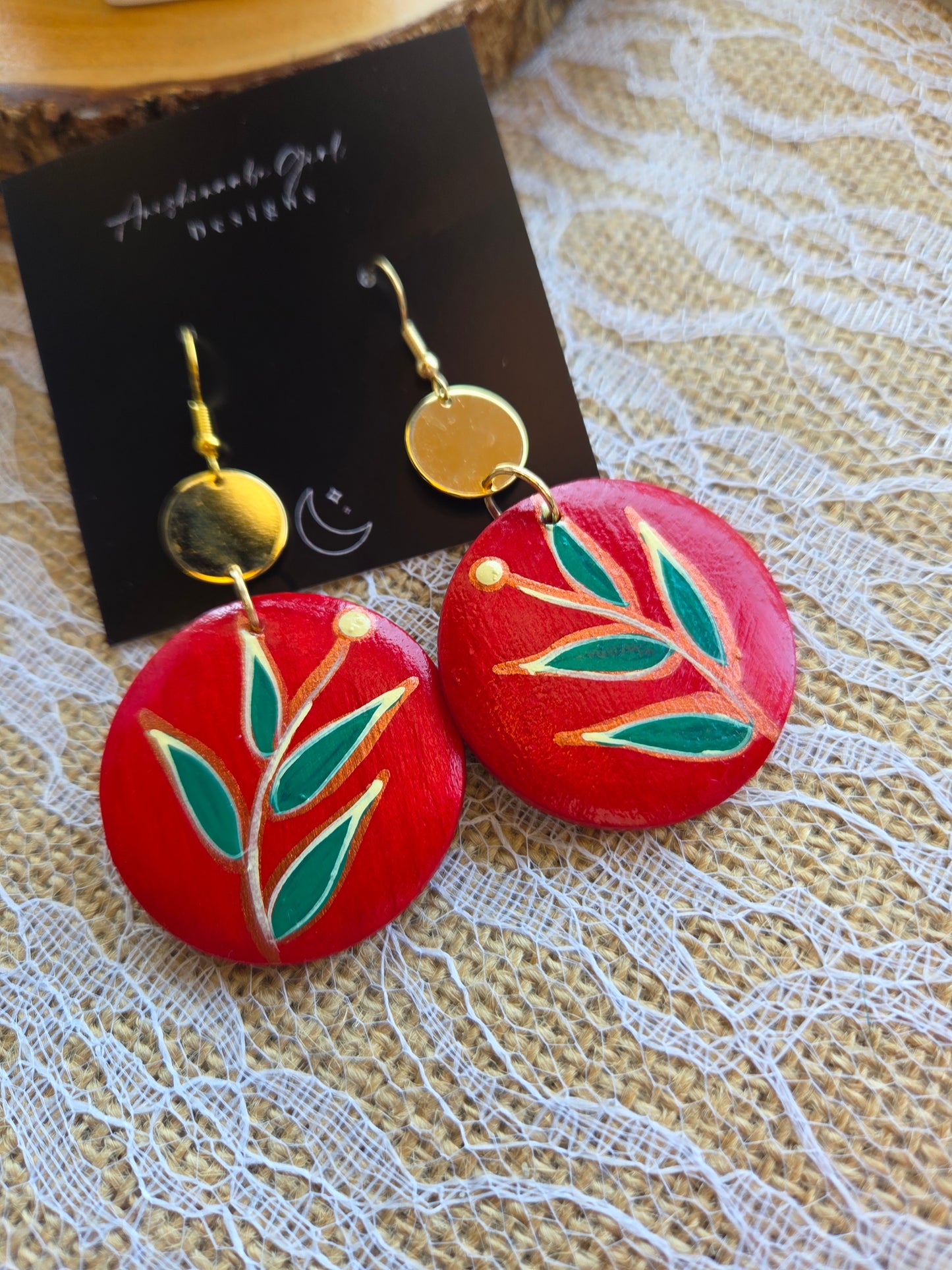 Red Floral Painted Circle Earrings