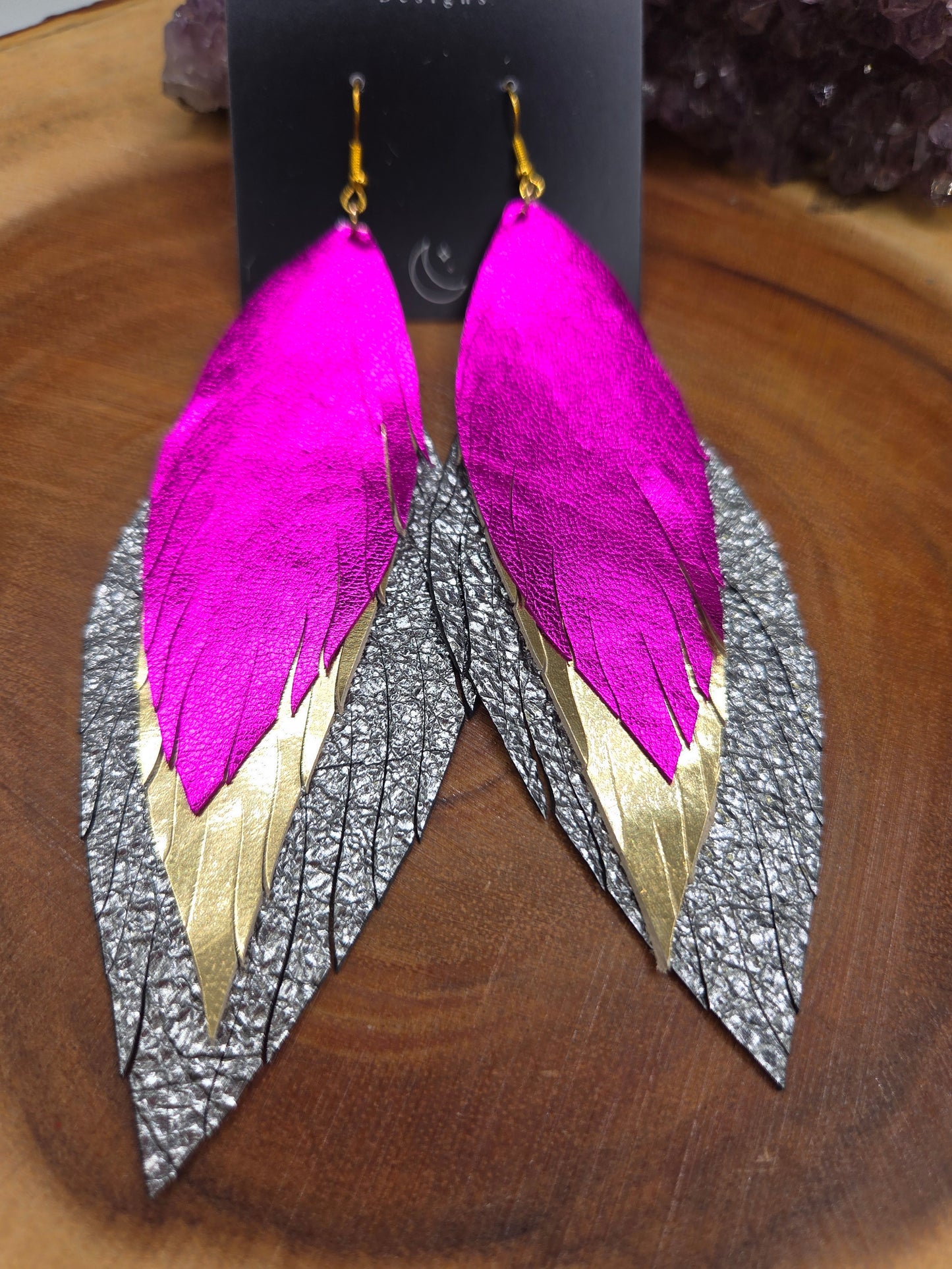 Pink, Gold, Silver Metallic Leather Feather Earrings