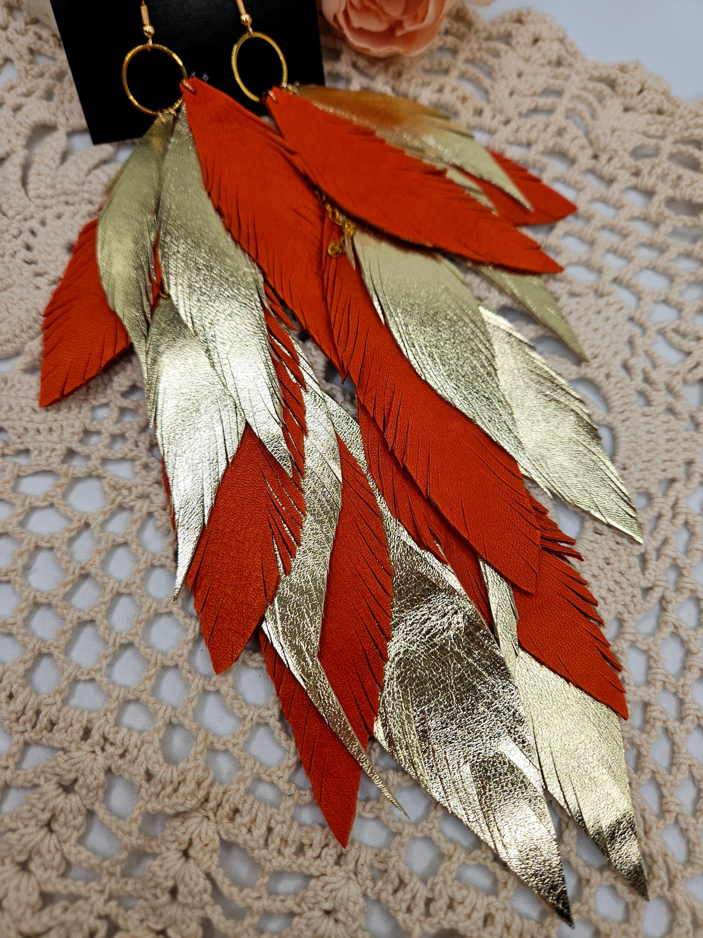 Extra Long Gold and orange Leather Feather Statement Earrings