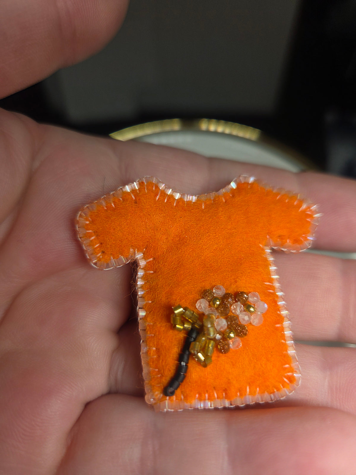Beaded Orange Shirt Pin with Sandstone & Quartz